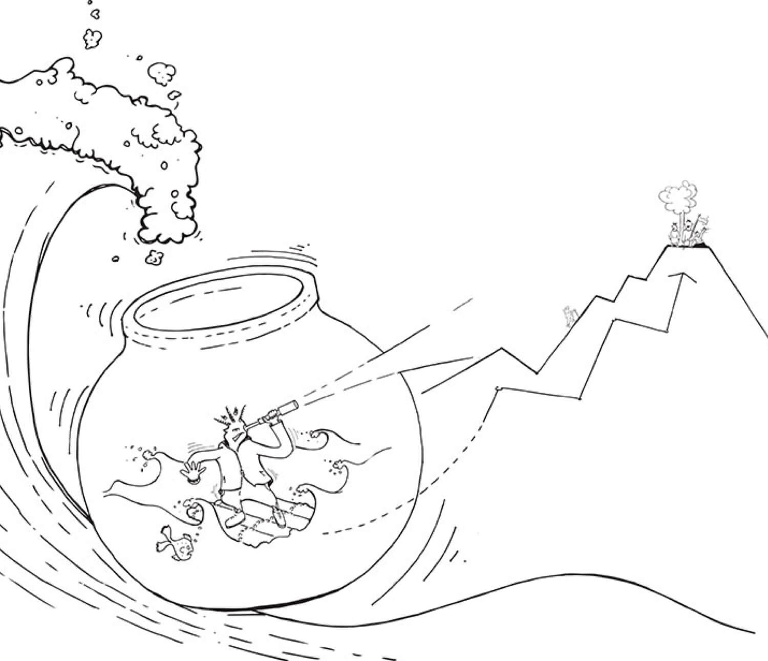Simple graphic of a young catalyst riding waves in a goldfish bowl